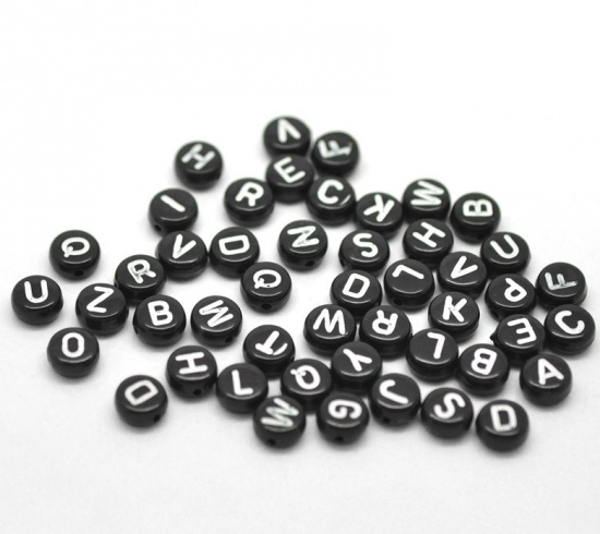 Picture of Acrylic Spacer Beads Round Black At Random Alphabet/ Letter About 7mm Dia, Hole: Approx 1mm, 1000 PCs