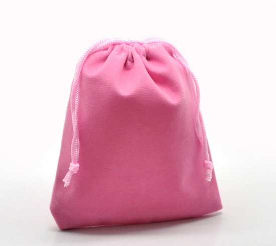 ベルベット ジュエリーポーチ 巾着袋  長方形 ピンク 12cm x 10cm、 10 PCs の画像