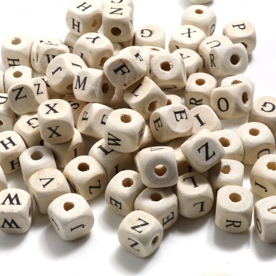Picture of Natural Wood Spacer Beads Cube Alphabet/ Letter Pattern About 10mm x 10mm, Hole: Approx 3.5mm, 200 PCs