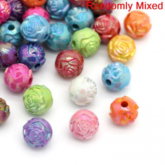 Picture of Acrylic Bubblegum Beads Round At Random AB Color Flower Carved About 8mm Dia, Hole: Approx 1.8mm, 200 PCs