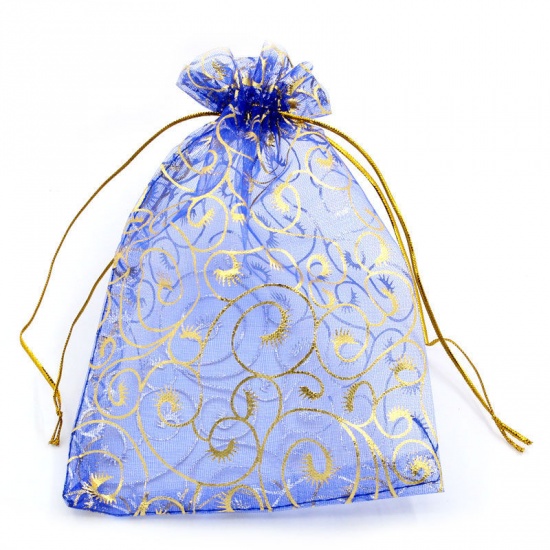 Picture of Wedding Gift Organza Wedding Gift Organza Jewelry Bags Drawstring Rectangle Royal Blue Carved Pattern 20cm x 15cm, 30 PCs