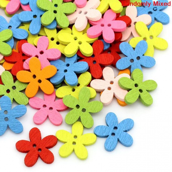 Picture of Wood Sewing Button Scrapbooking Flower At Random 2 Holes 14mm( 4/8") x 15mm( 5/8"), 200 PCs