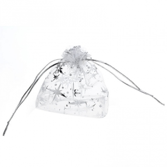 Picture of Wedding Gift Organza Jewelry Bags Drawstring Rectangle White Star Pattern 12cm x10cm(4 6/8" x3 7/8"), 50 PCs