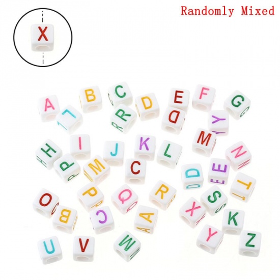 Picture of Acrylic Spacer Beads (Vertical Hole) Cube At Random Alphabet/ Letter Carved About 7mm x 7mm, Hole: Approx 3.8mm, 300 PCs