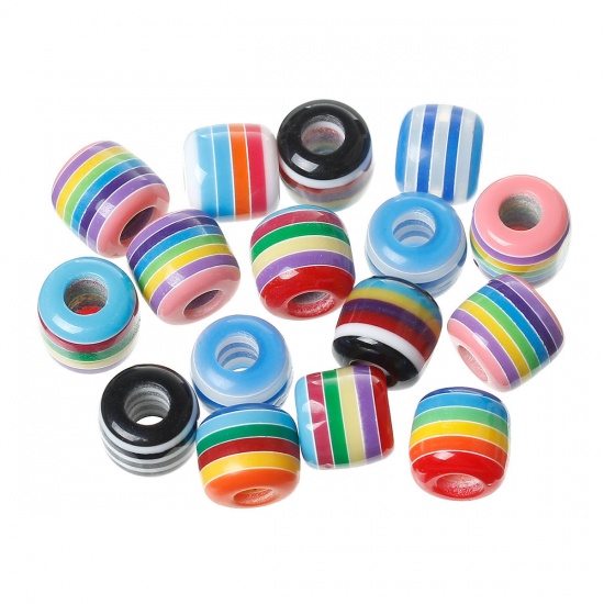 Picture of Resin European Style Large Hole Charm Beads Cylinder At Random Rainbow Stripe Pattern About 12mm x 11mm, Hole: Approx 6.1mm-5.6mm, 100 PCs