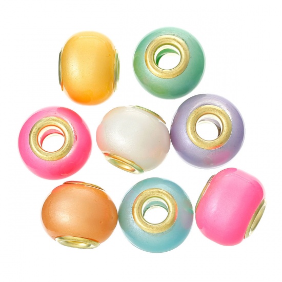 Picture of Glass European Style Large Hole Charm Beads Round At Random Gold Plated Core About 15mm Dia, Hole: Approx 4.9mm, 30 PCs