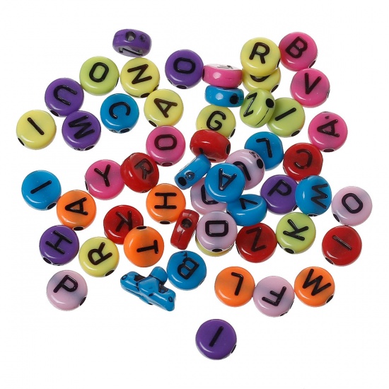 Picture of Acrylic Spacer Beads Round At Random Alphabet/ Letter Carved About 7mm Dia, Hole: Approx 1.7mm, 1000 PCs