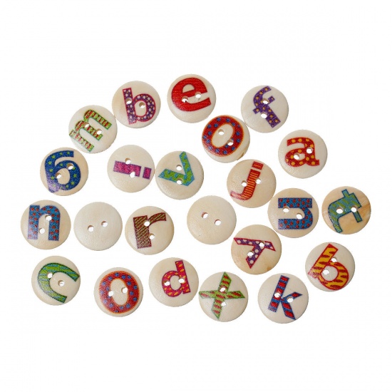 Picture of Wood Sewing Buttons Scrapbooking Round 2 Holes At Random Alphabet/Letter " A-Z " Pattern 15mm( 5/8") Dia, 200 PCs