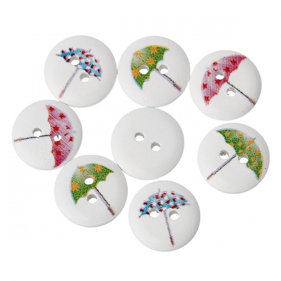 Picture of Wood Sewing Buttons Scrapbooking Round 2 Holes At Random Umbrella Pattern 15mm( 5/8") Dia, 100 PCs