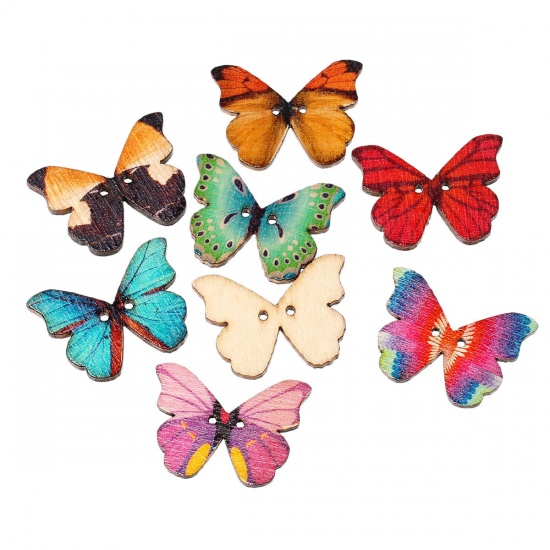 Bild von Holz Knöpfe zum aufnähen Schmetterling Zwei Löcher zufällig gemischt 28mm x 21mm 50 Stück