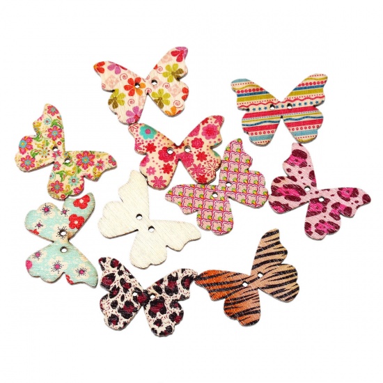 Picture of Wood Sewing Buttons Scrapbooking 2 Holes Butterfly At Random Flower Pattern 28mm(1 1/8") x 21mm( 7/8"), 50 PCs