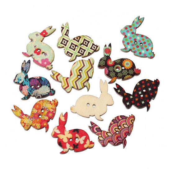 Picture of Wood Easter Sewing Buttons Scrapbooking 2 Holes Rabbit At Random 30mm(1 1/8") x 30mm(1 1/8"), 50 PCs