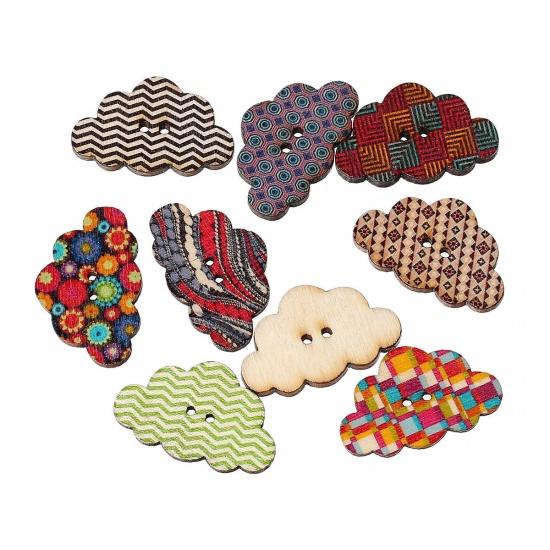 Picture of Wood Sewing Buttons Scrapbooking 2 Holes Cloud At Random 30mm(1 1/8") x 19mm( 6/8"), 50 PCs