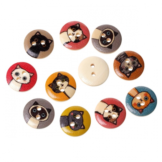 Picture of Wood Sewing Buttons Scrapbooking Round At Random 2 Holes Cat Pattern 15mm( 5/8") Dia, 100 PCs