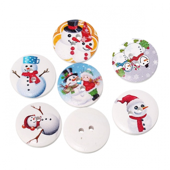 Picture of Wood Sewing Buttons Scrapbooking 2 Holes Round At Random Christmas Snowman Pattern 20mm( 6/8") Dia, 100 PCs