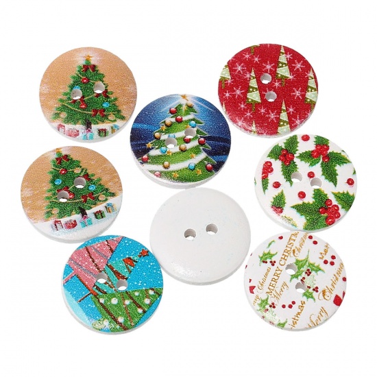 Picture of Wood Sewing Buttons Scrapbooking 2 Holes Round At Random Christmas Tree Pattern 20mm( 6/8") Dia, 100 PCs