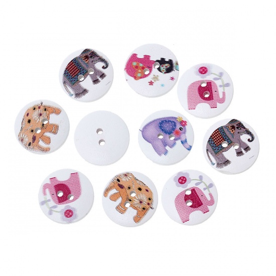 Picture of Wood Sewing Buttons Scrapbooking Round 2 Holes At Random Elephant Pattern 20mm( 6/8") Dia, 100 PCs
