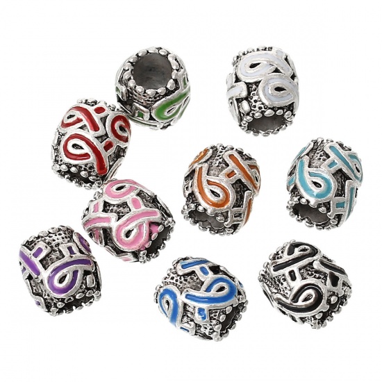 Picture of Zinc Metal Alloy European Style Large Hole Charm Beads Barrel Antique Silver Color Ribbon Carved At Random Enamel About 11mm x 11mm, Hole: Approx 5.6mm, 10 PCs