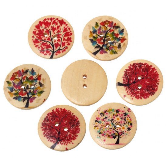 Picture of Wood Sewing Buttons Scrapbooking Round At Random 2 Holes Tree Pattern 3cm(1 1/8") Dia, 20 PCs