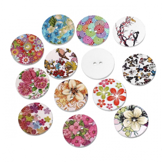 Picture of Wood Sewing Buttons Scrapbooking Round At Random 2 Holes Flower Pattern 25mm(1") Dia, 100 PCs