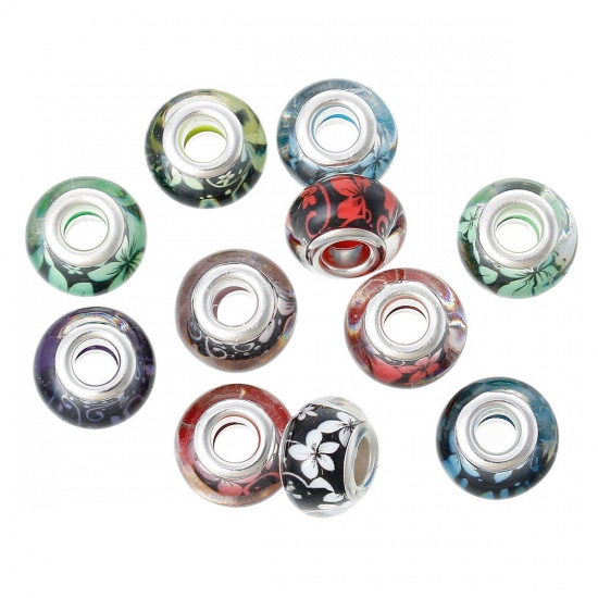 Picture of Glass European Style Large Hole Charm Beads Round At Random Silver Tone Core Flower Pattern About 14mm x 9mm, Hole: Approx 5.1mm, 20 PCs