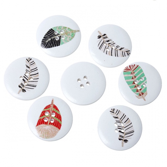Picture of Wood Sewing Buttons Scrapbooking 4 Holes Round White At Random Pattern 30mm(1 1/8") Dia, 50 PCs