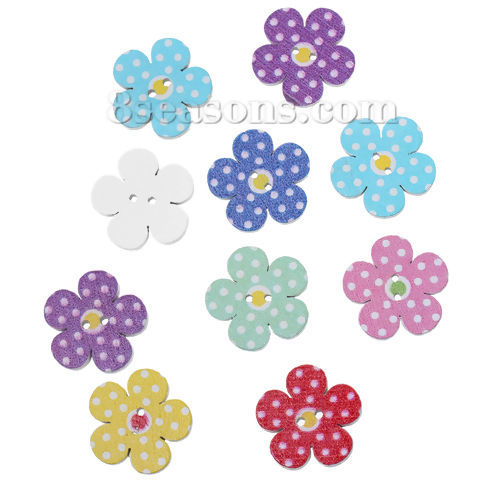 Picture of Wood Sewing Buttons Scrapbooking Flower At Random 2 Holes Dot Pattern 20mm( 6/8") x 20mm( 6/8"), 100 PCs