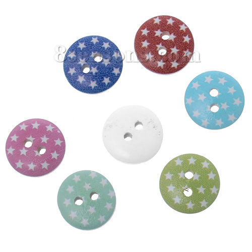 Picture of Wood Sewing Buttons Scrapbooking Round At Random 2 Holes Pentagram Star Pattern 15mm( 5/8") Dia, 200 PCs