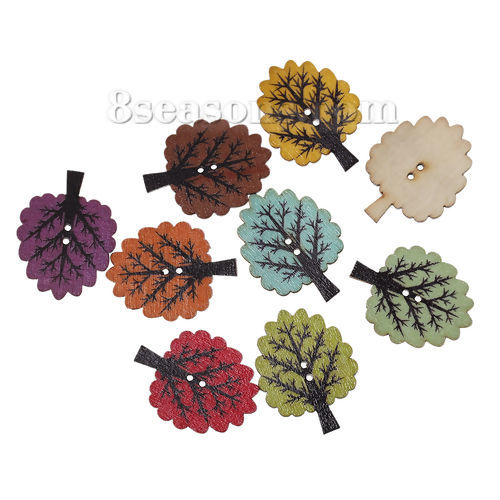 Picture of Wood Sewing Buttons Scrapbooking Tree At Random 2 Holes 32mm(1 2/8") x 25mm(1"), 50 PCs