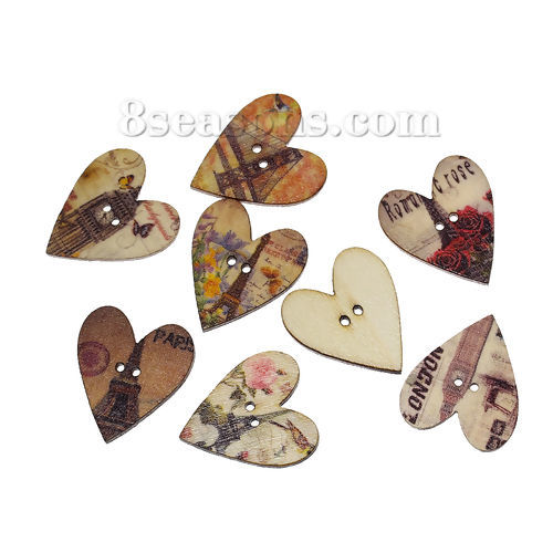 Picture of Wood Sewing Buttons Scrapbooking Heart At Random 2 Holes Eiffel Tower Building Pattern 28mm(1 1/8") x 25mm(1"), 50 PCs
