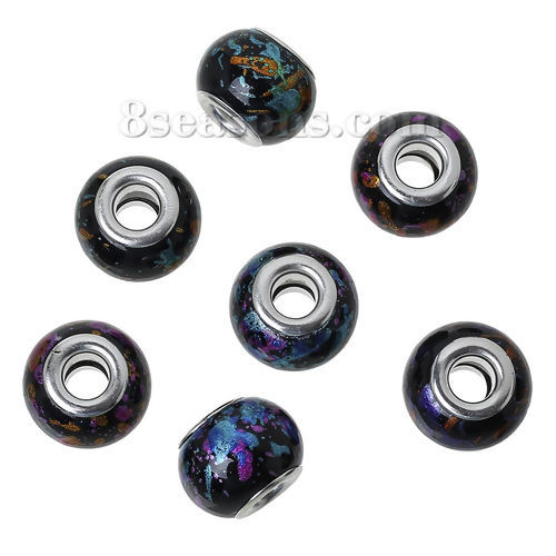 Picture of Glass European Style Large Hole Charm Beads Drum Black At Random Silver Plated Core Pattern About 15mm x 11mm, Hole: Approx 5mm, 10 PCs