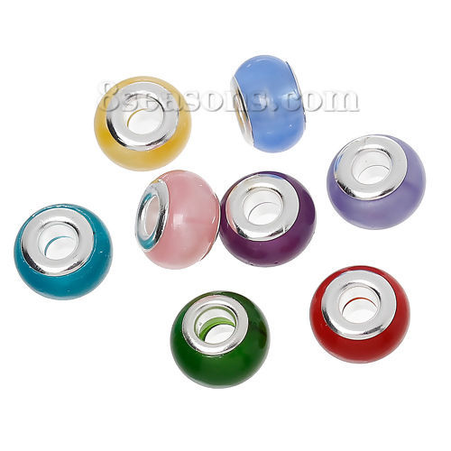 Picture of Resin European Style Large Hole Charm Beads Drum At Random Silver Plated Core About 14mm x 9mm, Hole: Approx 5mm, 10 PCs
