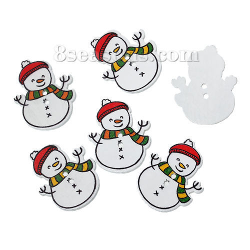 Picture of Wood Sewing Buttons Scrapbooking 2 Holes Christmas Snowman At Random 32mm(1 2/8") x 26mm(1"), 50 PCs