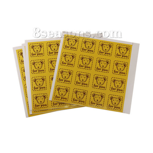 Immagine di Carta Sigilli Adesivi Etichette Quadrato Colore di Zenzero & Marrone Orso Disegno " FOR YOU " 27mm x 27mm , 10 Fogli (Circa 16 pz/Fogli)