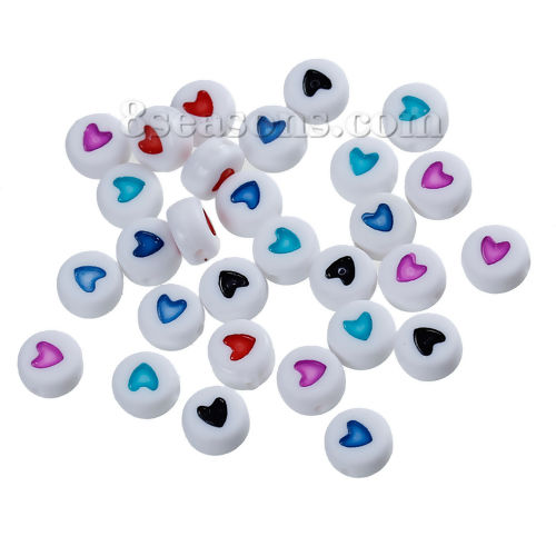 Picture of Acrylic Bubblegum Beads Round White Heart Carved At Random Enamel About 7mm Dia, Hole: Approx 1mm, 200 PCs