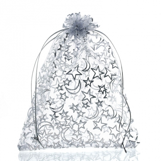 Picture of Wedding Gift Organza Jewelry Bags Drawstring Rectangle White Star 15cm x 12cm, 20 PCs