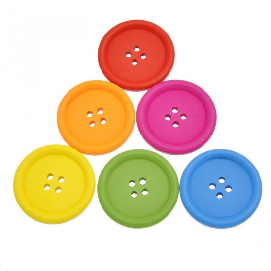 Picture of Wood Sewing Buttons Scrapbooking 4 Holes Round At Random 4cm(1 5/8") Dia, 30 PCs