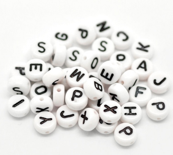 Picture of Acrylic Spacer Beads Flat Round Black & White At Random Alphabet/ Letter About 7mm Dia, Hole: Approx 1mm, 5000 PCs