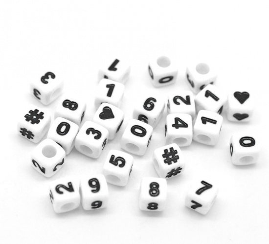 Bild von Acryl Spacer Zwischenperlen Perlen Würfel Weiß zufällig gemischt Nummer & Symbol ca 7mm x 7mm Loch:ca 3.8mm 1500 Stück