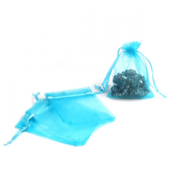 Picture of Wedding Gift Organza Jewelry Bags Drawstring Rectangle Light Lake Blue 10cm x8cm(3 7/8" x3 1/8"), (Usable Space: 8x8cm) 300 PCs