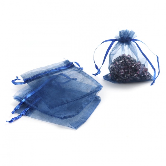Picture of Wedding Gift Organza Jewelry Bags Drawstring Rectangle Navy Blue 10cm x8cm(3 7/8" x3 1/8"), (Usable Space: 8x8cm) 300 PCs