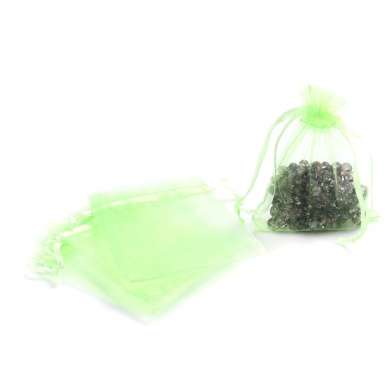 Picture of Wedding Gift Organza Jewelry Bags Drawstring Rectangle Fruit Green 10cm x8cm(3 7/8" x3 1/8"), (Usable Space: 8x8cm) 300 PCs