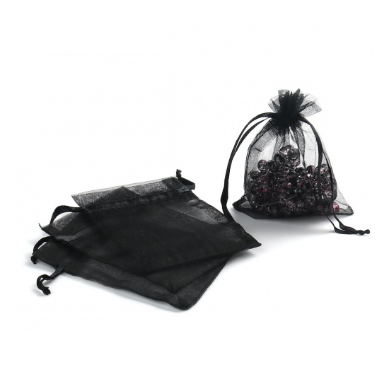 Picture of Wedding Gift Organza Jewelry Bags Drawstring Rectangle Black 10cm x8cm(3 7/8" x3 1/8"), (Usable Space: 8x8cm) 300 PCs