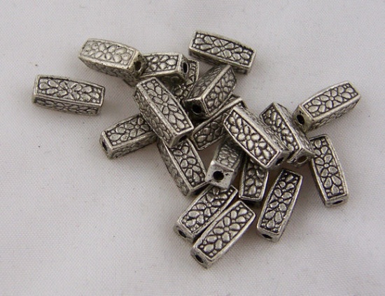 Picture of Zinc Based Alloy Spacer Beads Rectangle Antique Silver Color Carved About 12mm x 4mm, Hole:Approx 1mm, 7 PCs
