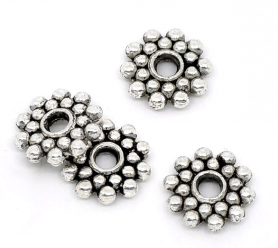 Picture of Zinc Based Alloy Spacer Beads Snowflake Flower Antique Silver Color About 8mm Dia, Hole:Approx 2mm, 25 PCs
