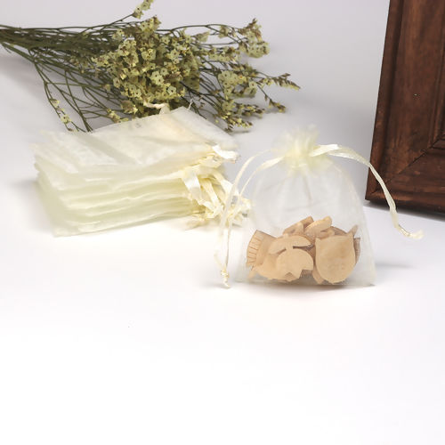 Picture of Wedding Gift Organza Jewelry Bags Drawstring Rectangle Pale Yellow (Usable Space: 7x7cm) 9cm x 7cm, 5 PCs