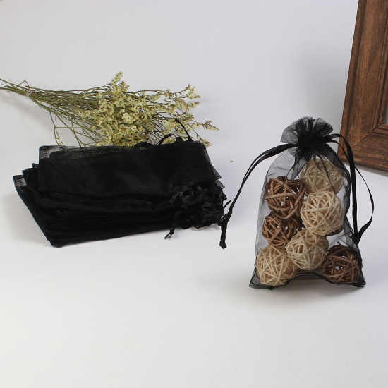 Picture of Wedding Gift Organza Jewelry Bags Drawstring Rectangle Black (Usable Space: 13x10cm) 15cm x 10cm, 4 PCs