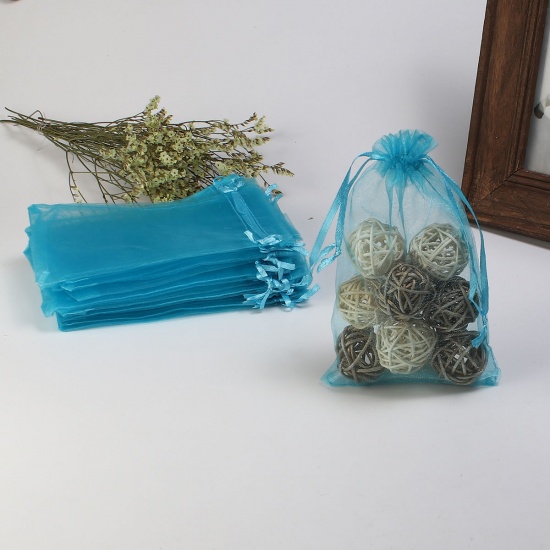 Picture of Wedding Gift Organza Jewelry Bags Drawstring Rectangle Lake Blue (Usable Space: 13x10cm) 15cm x 10cm, 4 PCs