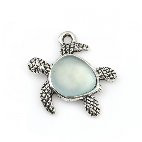 Picture of Zinc Based Alloy & Resin Ocean Jewelry Charms Sea Turtle Animal Antique Silver Color Light Blue 20mm x 19mm, 1 Piece