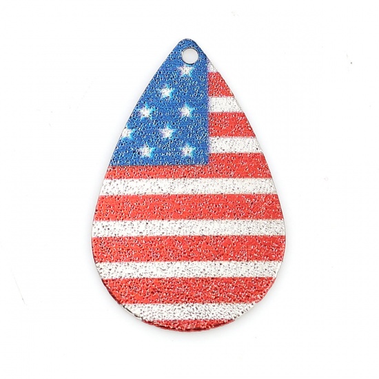 Picture of Zinc Based Alloy Enamel Painting Charms Drop Silver Tone Red & Blue Flag Of The United States 28mm x 18mm, 2 PCs